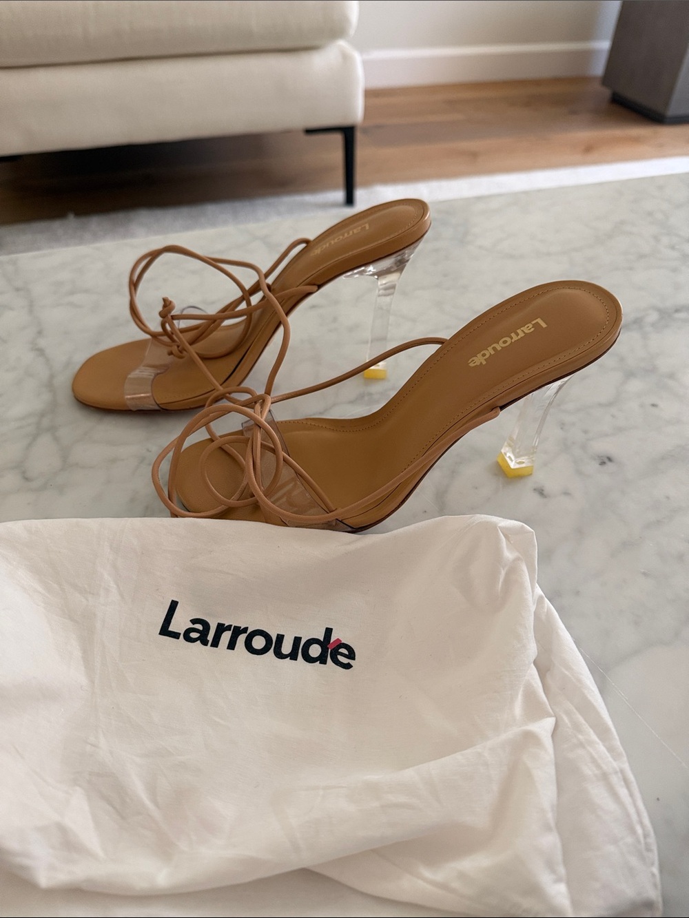 Larroude Tan Lace-Up Clear-Heel Sandals